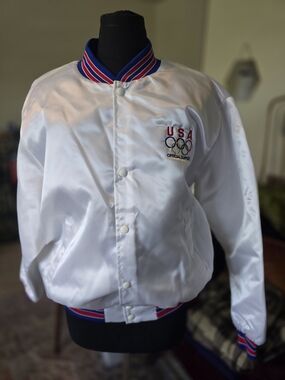 USA Olympic White Satin Adults Bomber Jacket